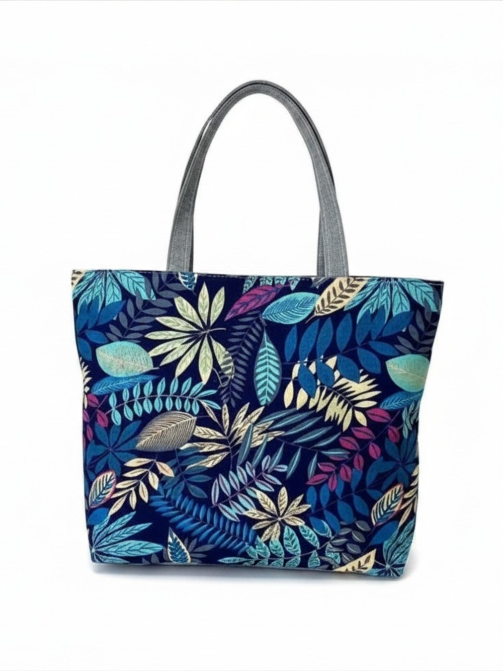 Navy Tropical‎ Leaf Tote Bag Zipper Closure LARGE NEW